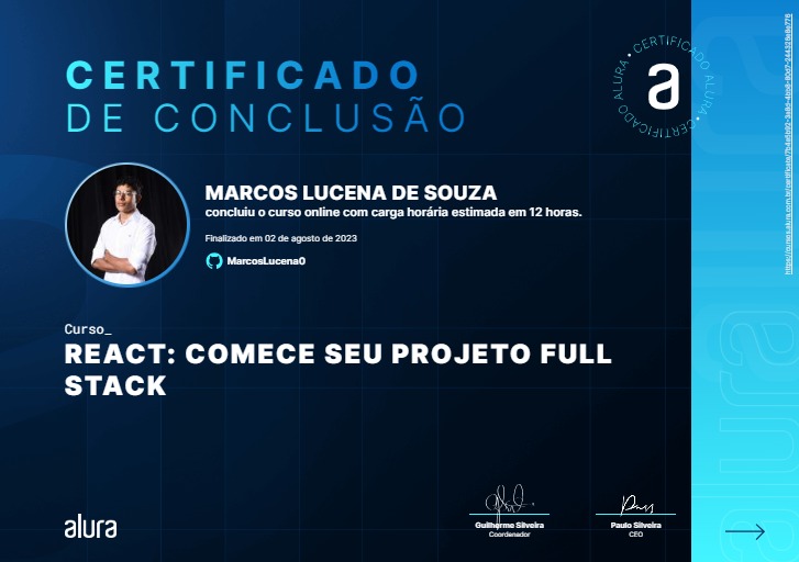 Certificado do curso: React: Comece seu projeto Full-Stack