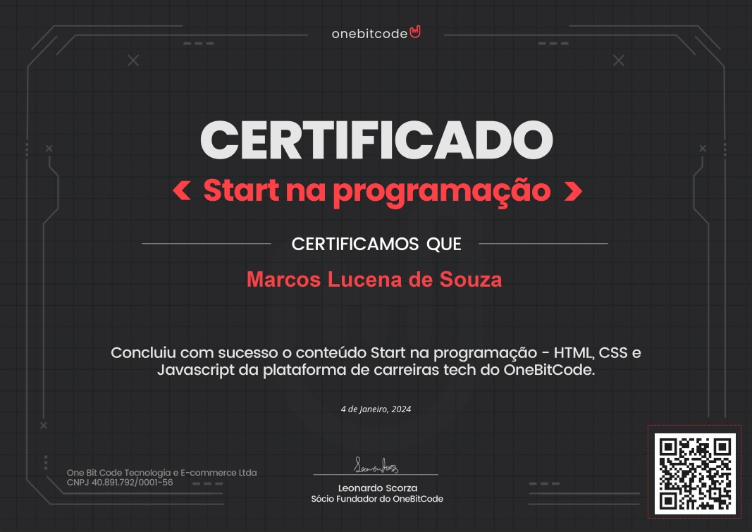 Certificado do curso: HTML, CSS e JavaScript
