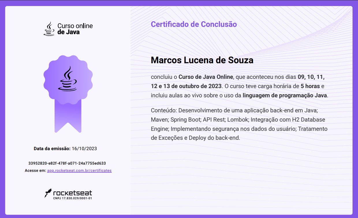 Certificado da Linguagem de Pogramação Java