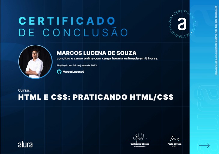 Certificado do curso: HTML e CSS:Praticando HTML/CSS