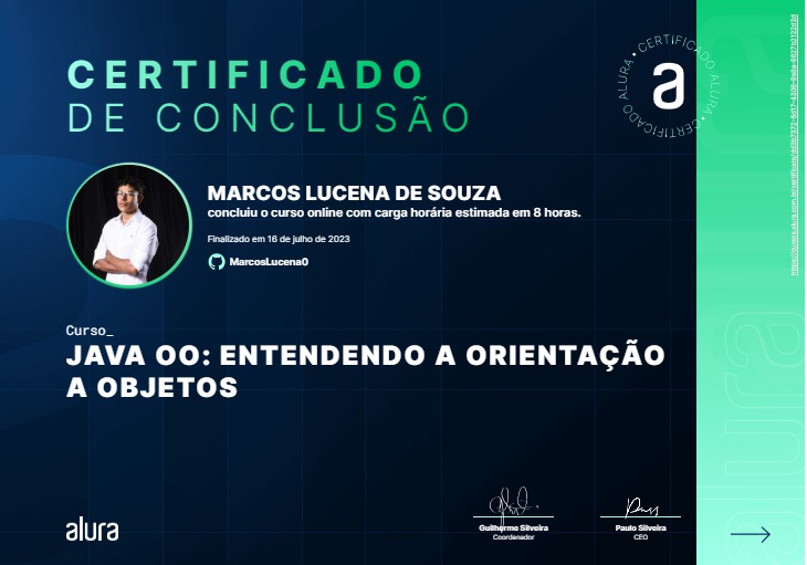 Certificado do curso: Java OO: Entendendo a Orientação a Objetos
