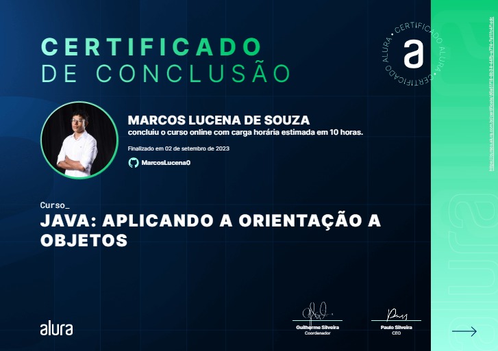 Certificado do curso: Java: Aplicando a Orientação a Objetos