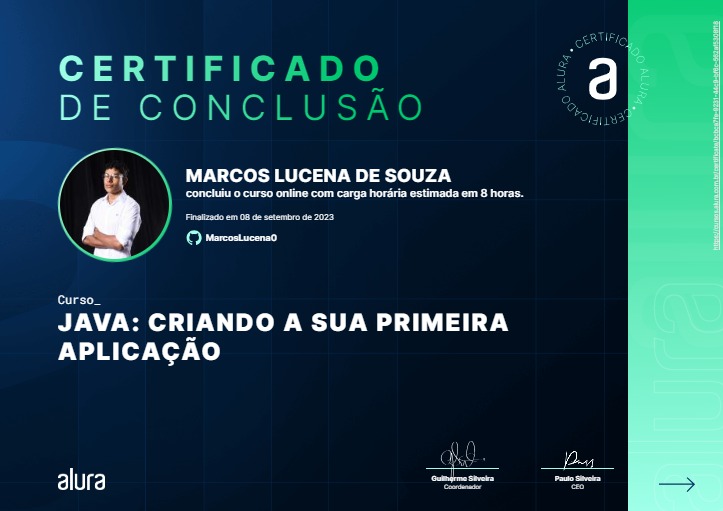 Certificado do curso: Java: Criando a sua primeira aplicação