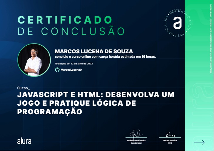 Certificado do curso: Java Script e HTML: Desenvolva um jogo e pratique Lógica de Programação
