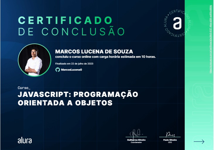 Certificado do curso: JavaScript: Programação Orientada a Objetos